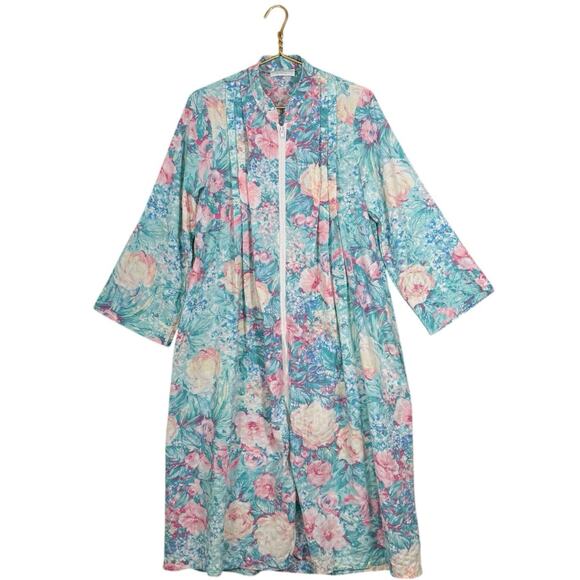 Vintage Miss Elaine Seersucker Floral Zip Front House Coat Robe Full Length M/L - Picture 8 of 9